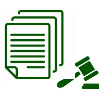 Ícone de folhas de documentos sobrepostas e no canto inferior direito um martelo de tribunal